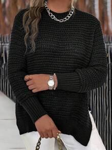 SHEIN LUNE Plus Split Hem Drop Shoulder Sweater Knit Pullover Fall Winter Sweater - Black - View 1
