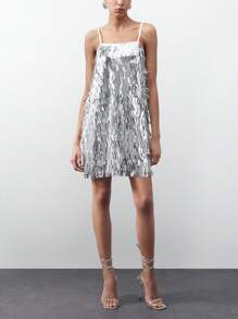 Maija Women's Metallic Fringe Spaghetti Strap Dress - Silver - View 1