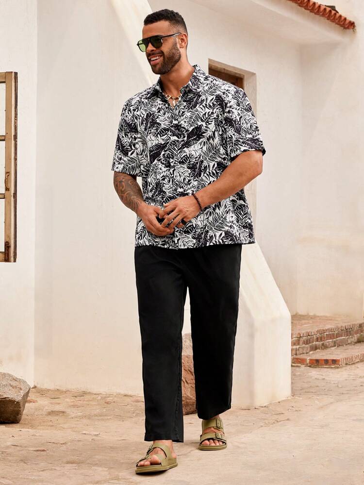 Men Plus Size Leaf Printed Button Down Short Sleeve Hawaiian Shirt And Straight Pants Summer Leisure Suit