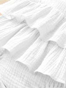 SHEIN Vintaside Kids Baby Girl Summer Square Collar Cap Sleeve Tiered Ruffle Hem White Cute Overall Dress - White - View 6