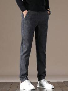 Men Elastic Waist Solid Color Side Pocket Casual Pants, For Fall