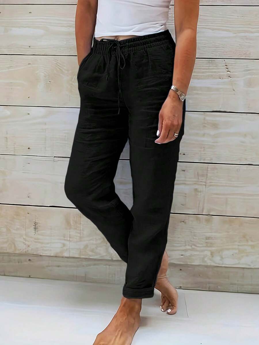 Women Solid Color Drawstring Casual Pants, Versatile Daily Match