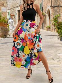 SHEIN Clasi Floral Print Hollow Out Halter Vacation Dress For Summer - Multicolor - View 4