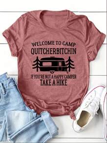 SHEIN EZwear T-shirt pour femmes à col rond et à manches courtes imprimé de lettres à la mode - Framboise - Voir 1