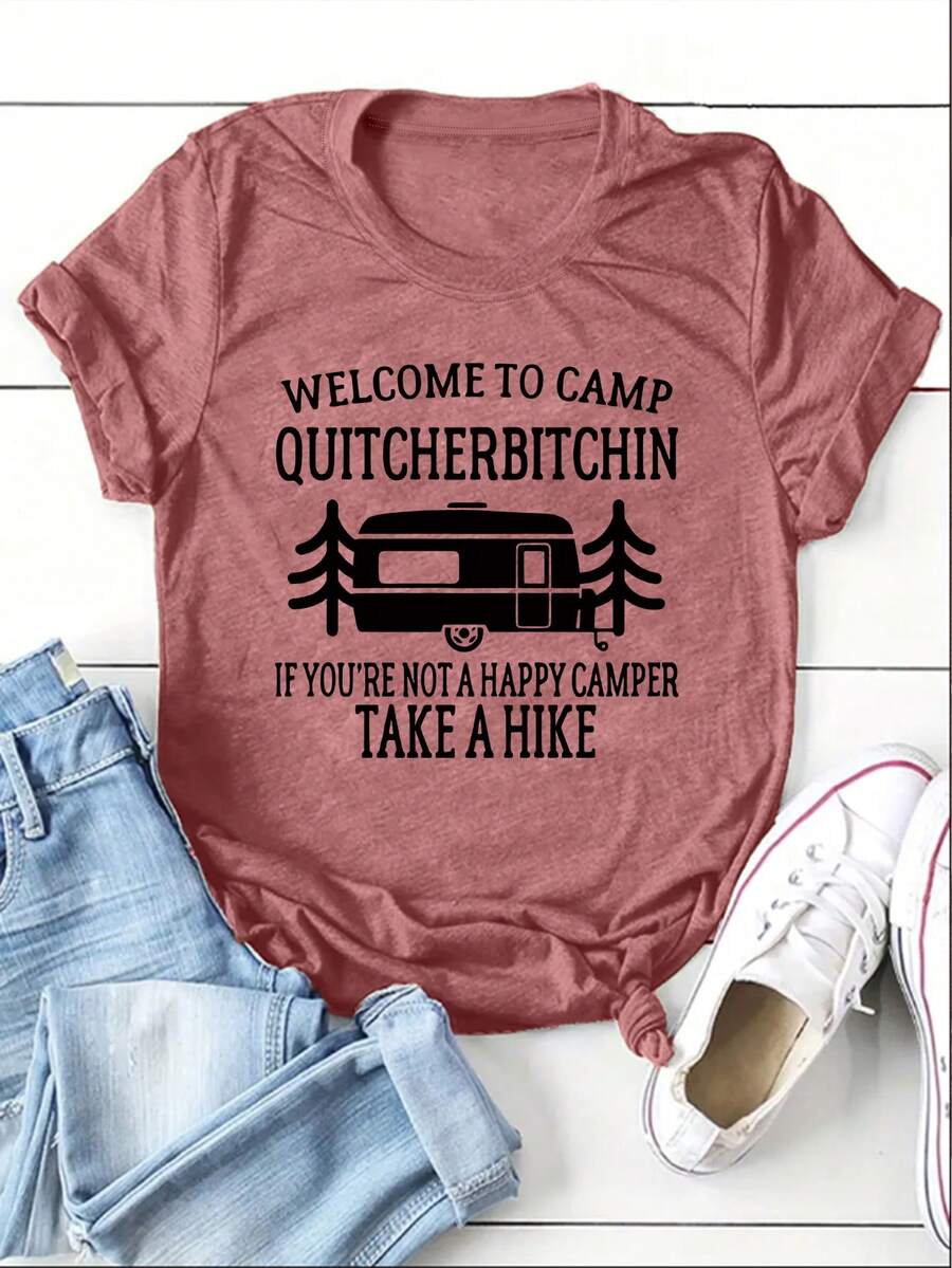 SHEIN EZwear T-shirt pour femmes à col rond et à manches courtes imprimé de lettres à la mode - Framboise - Voir 1