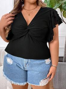 SHEIN CURVE+ 夏季大尺碼女性純色胸前結束飄帶短袖休閒T恤 - 黑色 - 查看 6