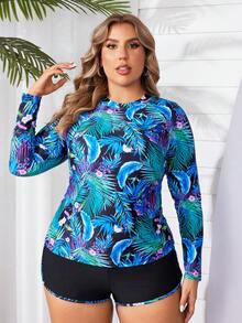 Swim Mulvari Plus Size Women's Summer Beach Long Sleeve Sun Protection Tropical Plant Print Rashguard Set For Vacation - Multicolor - View 6