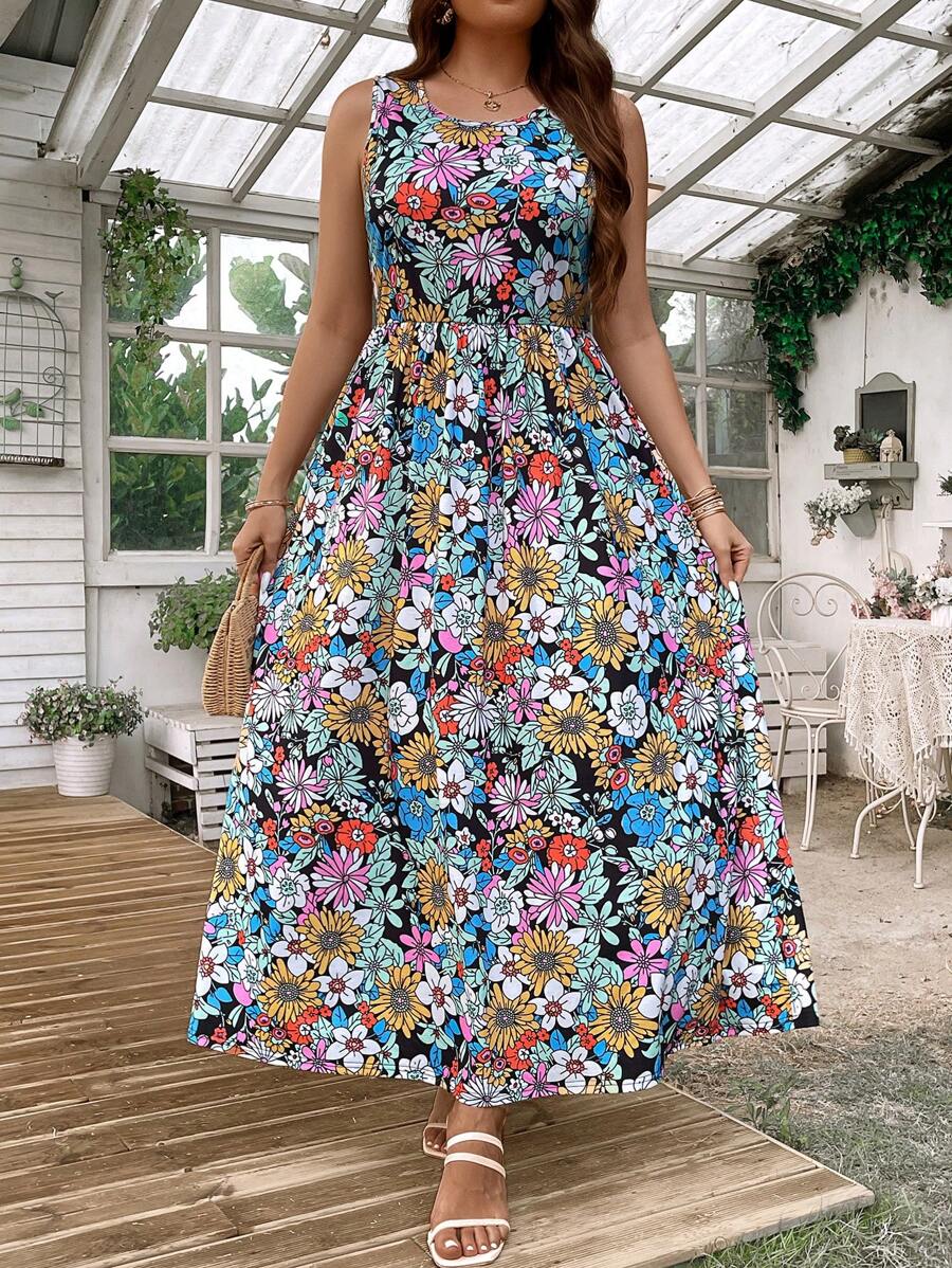 SHEIN LUNE 大碼女士夏季波西米亞風圓領無袖連衣裙 - 彩色 - 查看 1