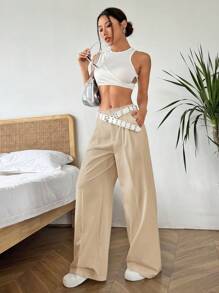 SHEIN EZwear 女性實色打褶鬆身休閒寬腿褲，帶有斜向口袋 - 卡其色 - 查看 6