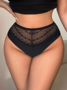 SHEIN Plus Size Sexy Contrast Lace Seamless Panties Lingerie - Black - View 3