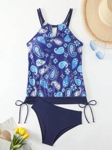 Swim Lushoire Women's Paisley Print Drawstring & Ruffle Detail Cami Tankini Summer - Navy Blue - View 5