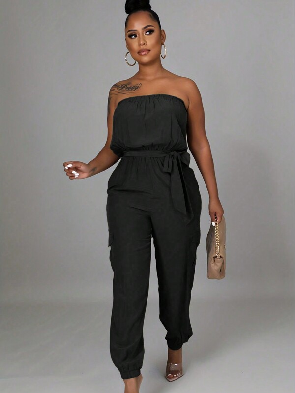 BamGleam Women Fashion Solid Color Strapless Jumpsuit