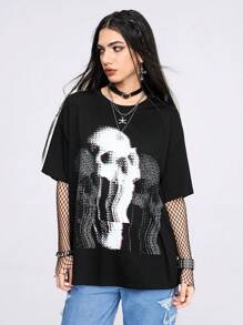Smith Collective Loose Short Sleeve T-Shirt With Novelty Mosaic Skeleton Print Style - Black - View 6