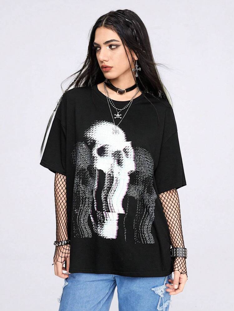 Loose Short Sleeve T-Shirt With Novelty Mosaic Skeleton Print Style