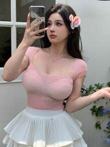 DAZY 女士夏季後結綁身修身短袖針織上衣