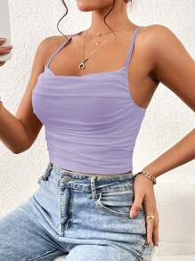 SHEIN Essnce Women Solid Color Simple Daily Camisole Top With Pleated Design - Violet Purple - View 1