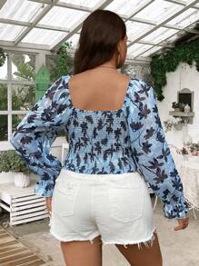 SHEIN Clasi Camisa con cuello corazón, mangas con volantes y estampado completo, estilo de vacaciones, talla grande, para primavera/verano - Azul - Ver 2
