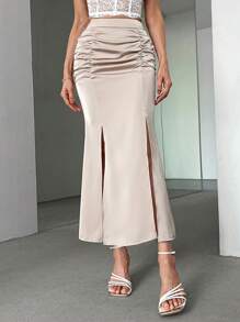 SHEIN Privé Women Elegant Skirt With Pleated Details, Side Split And Fish Tail Hem - Apricot - View 1