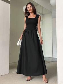 SHEIN Privé Women's Elegant Long Sleeve Knitting And Weaving Fabric Splicing Dress With Waist Ruched Design For Work - Black - View 7