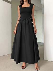 SHEIN Privé Women's Elegant Long Sleeve Knitting And Weaving Fabric Splicing Dress With Waist Ruched Design For Work - Black - View 3