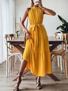 SHEIN Clasi Largo vestido amarillo de verano con cinturón de cintura, vestido largo para festival de música y vacaciones de verano - Amarillo - Ver 4