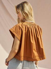 Bohemela Casual Ladies Shirred Detail Tie Neck Shirt - Brown - View 2