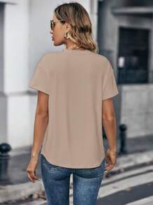 INAWLY Áo thun nữ cổ tròn tay ngắn màu trơn thời trang - Màu Khaki - Xem 2