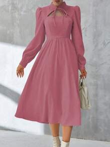 SHEIN Unity Plus Solid Color Romantic Long Sleeve Hollow Out Dress - Pink - View 1