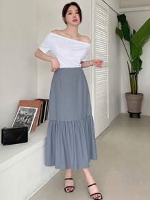DAZY Women Fashionable Solid Color High Waist Long A-Line Skirt