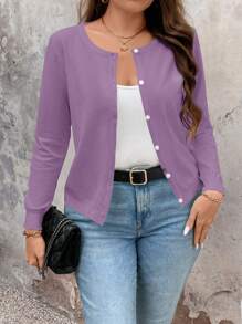 SHEIN LUNE Women Plain Simple Daily Plus-Size Cardigan Fall Winter Cloth For Women Autumn - Mauve Purple - View 1