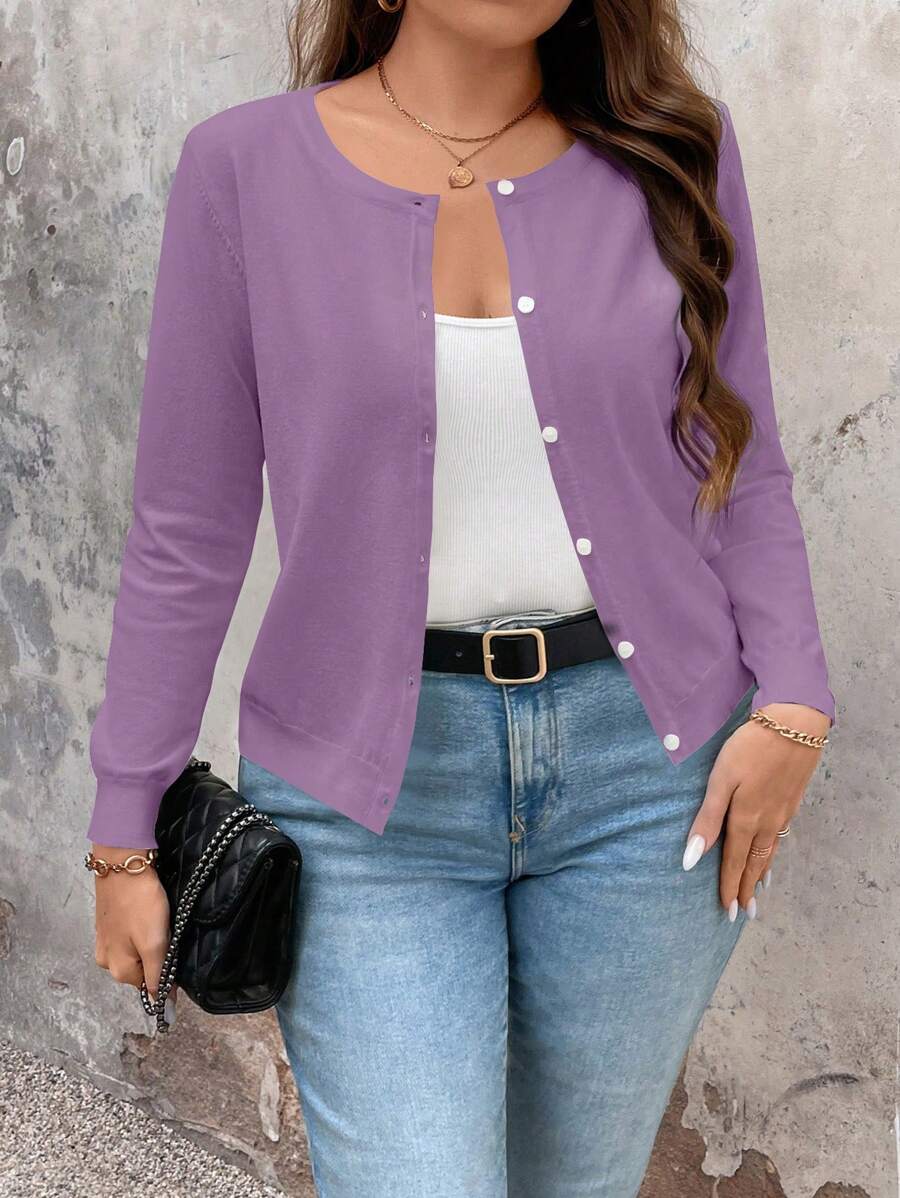 SHEIN LUNE Women Plain Simple Daily Plus-Size Cardigan Fall Winter Cloth For Women Autumn - Mauve Purple - View 1