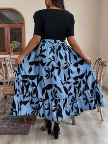 SHEIN LUNE Vestido Casual De Talla Grande Con Estampado De Plantas Y Parches, Cuello Redondo Y Manga Corta - Negro - Ver 2