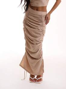 MUSERA Linen Feel Ruched Side Midaxi Skirt Elegant Summer Sexy Chic - Apricot - View 1