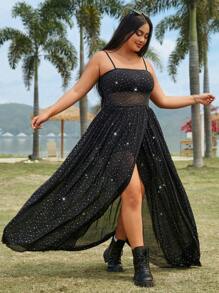 SHEIN EZwear 女士加大尺碼純色閃片背心裙 - 黑色 - 查看 8