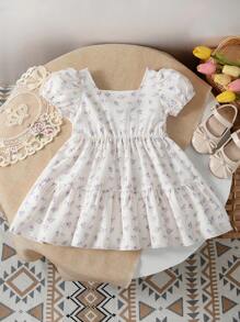 Baby Girl Spring/Summer Fresh And Cute Printed Dress - Apricot - View 2