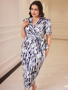Modelyn 大碼女性夏季優雅重疊V領腰帶短泡泡袖連衣裙 - 彩色 - 查看 6