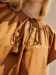 Bohemela Casual Ladies Shirred Detail Tie Neck Shirt - Brown - View 7