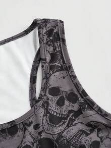 ROMWE Grunge Punk Grunge Phong cách Tối Đen In Đầu lâu Áo ba lỗ Với Chi tiết chữ cái , Con số Phù hợp - Màu xám đen - Xem 3