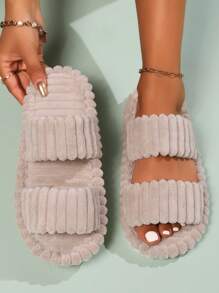 Fall/Winter Women House Slippers Open Toe Four Seasons Slippers Women Indoor Floor Slippers Comfortable Fashionable Plush Khaki Corduroy Slippers Women Autumn And Spring Slippers Couples,Fluffy Slippers - Khaki - View 3