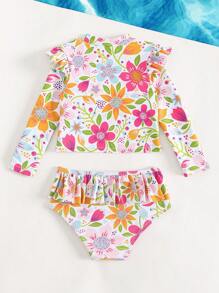 Young Girl Floral Printed Split Long Sleeve Swimwear With Swim Shorts