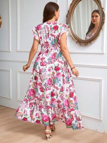 SHEIN Clasi 大尺碼V領腰間褶邊花卉印花假日時尚夏季連衣裙