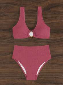 SHEIN Swim 女性夏季海灘純色環扣細節簡約時尚比基尼套裝，適用於假期度假 - 藕粉色 - 查看 6