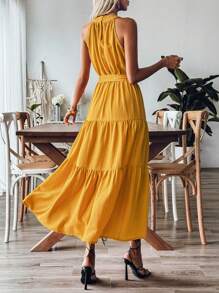 SHEIN Clasi Largo vestido amarillo de verano con cinturón de cintura, vestido largo para festival de música y vacaciones de verano - Amarillo - Ver 2