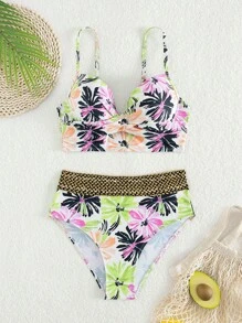 SHEIN Swim 夏季海滩女士度假风格印花比基尼套装花卉图案比基尼套装（带有随机印花图案的聚拢和钢圈） - 彩色 - 查看 6