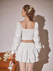 Aveloria Rosie Camisa corta de manga larga con cordones y cuello dulce en unicolor para mujer, informal de primavera y verano con pliegues