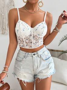 SHEIN VCAY Summer Lace Floral Corset White Top - White - View 4