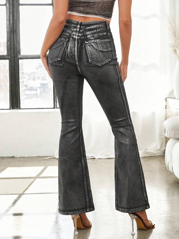 Shiny Black Vintage Retro Hip-Hop High-Waisted Flared Jeans With Worn-Out Effect
