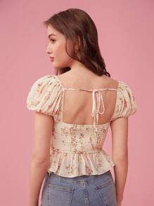 Enchnt Women Summer Sweetheart Collar Floral Print Front Tie Shirt