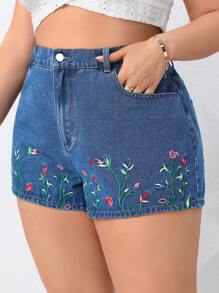 SHEIN Clasi Quần short denim thêu hoa cỡ lớn - Rửa trung bình - Xem 6