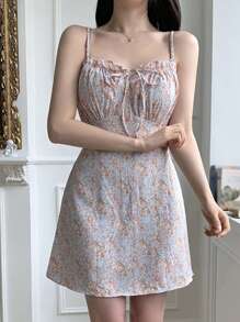 DAZY Ladies' Short Floral Printed Spaghetti Strap Pure Summer Dress - Pink - View 3